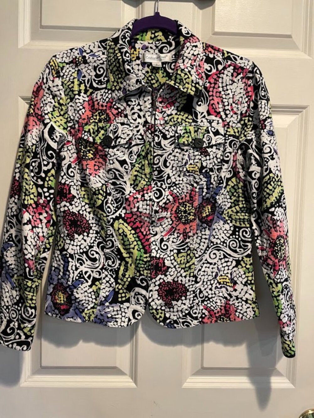 COLDWATER CREEK JACKET - Abstract Floral Multicolor Zip-Up 100% Cotton Size S